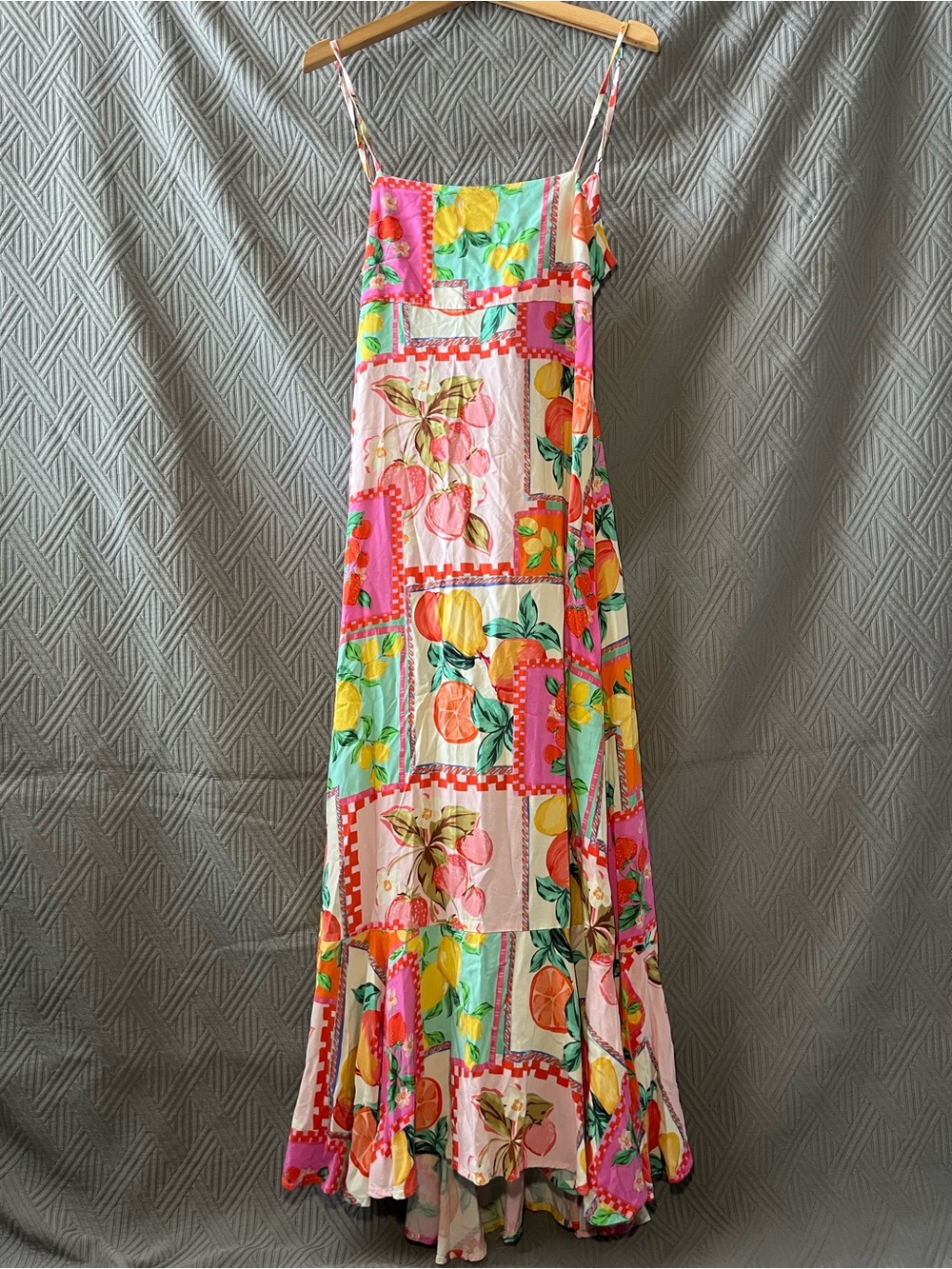 Tropical Fruit-Print Spaghetti Strap Maxi Dress - Pink, Yellow & Green